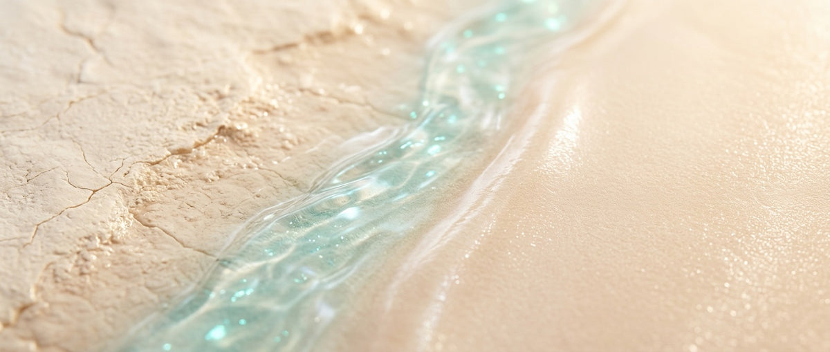 Makroaufnahme eines klaren Wasserlaufs zwischen trockenem und feucht glänzendem Sand – Sinnbild für Feuchtigkeitsversorgung