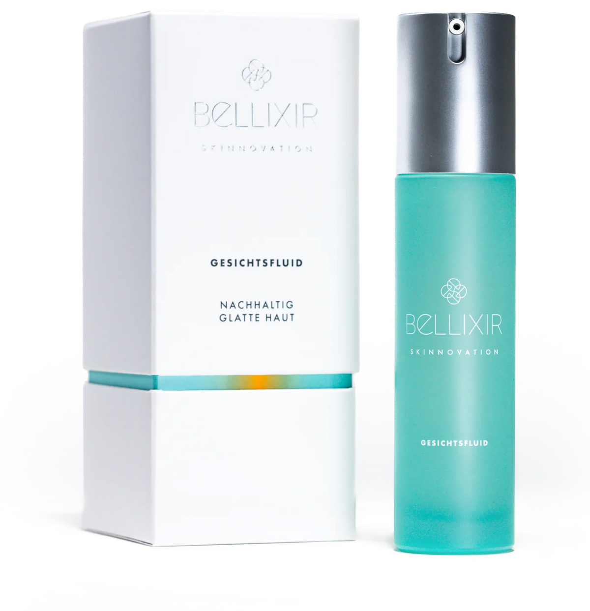 Bellixir Skinnovation Gesichtsfluid in türkiser Flasche neben der weißen Produktverpackung