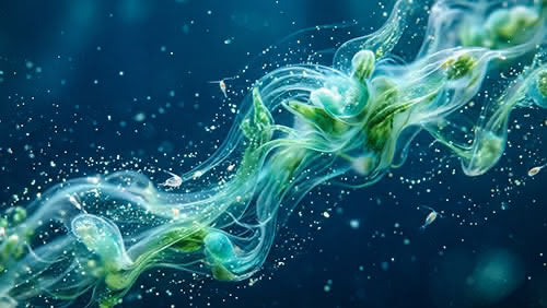 Grün-türkis leuchtende Phytoplankton-Strukturen schweben in dunkelblauem Meerwasser – Sinnbild für den zellschützenden Plankton-Extrakt Osmocean Phycoskin